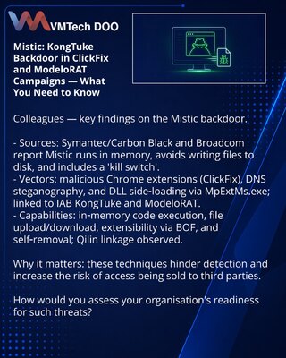 Mistic: backdoor KongTuke u kampanjama ClickFix i ModeloRAT — šta je važno znati
