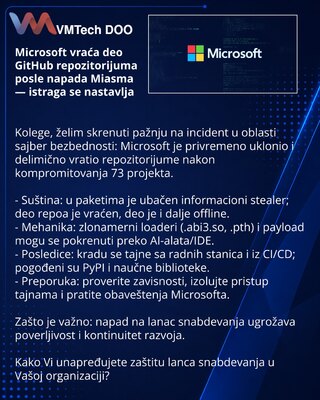 Microsoft vraća deo GitHub repozitorijuma posle napada Miasma — istraga se nastavlja