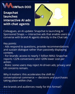 Snapchat запускает интерактивную рекламу с ИИ‑агентами в чате