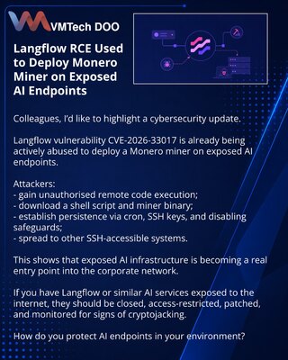 Langflow RCE eksploatišu za Monero-rudara na otvorenim AI endpointima