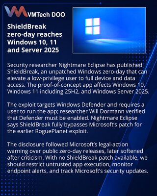 ShieldBreak Windows zero-day bypasses earlier Defender fix
