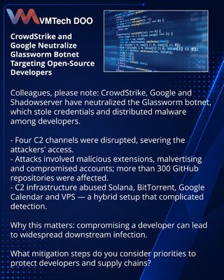 CrowdStrike i Google neutralisali botnet Glassworm, usmeren na programere otvorenog softvera