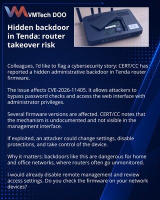 Hidden backdoor in Tenda: router takeover risk