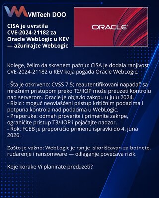 CISA je uvrstila CVE-2024-21182 za Oracle WebLogic u KEV — ažurirajte WebLogic