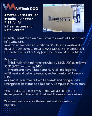 Amazon povećava ulog u Indiji — još 13 mlrd USD za AI infrastrukturu i data centre