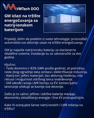 GM izlazi na tržište energočuvanja sa natrij‑ionskom baterijom
