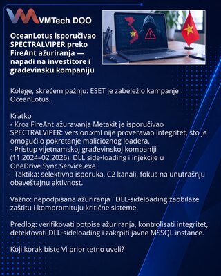 OceanLotus isporučivao SPECTRALVIPER preko FireAnt ažuriranja — napadi na investitore i građevinsku kompaniju