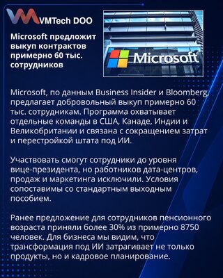 Microsoft предлагает выкуп контрактов примерно 60 тыс. сотрудникам