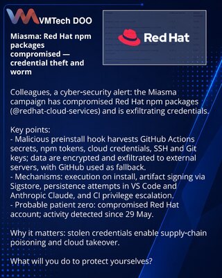 Miasma: npm-пакеты Red Hat скомпрометированы — кража учётных данных и червь