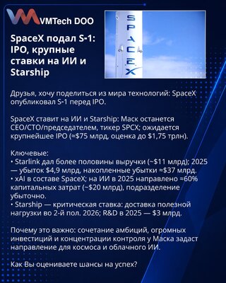 SpaceX подал S‑1: IPO, крупные ставки на ИИ и Starship