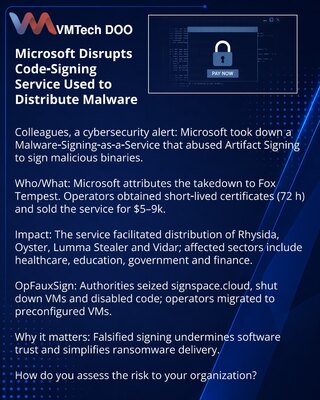 Microsoft нейтрализовала сервис подписи, применявшийся для распространения вредоносных программ