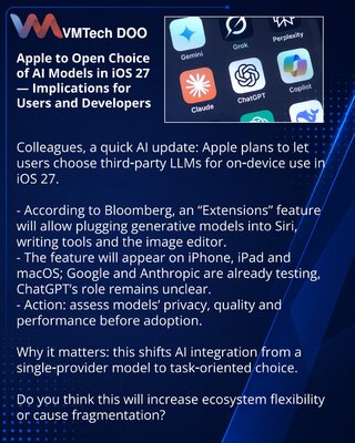 Apple u iOS 27 otvara izbor AI modela — posledice za korisnike i programere