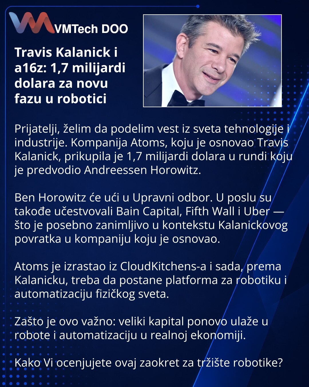 Travis Kalanick i a16z: 1,7 milijardi dolara za novu fazu u robotici