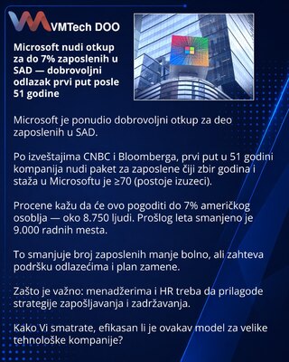 Microsoft nudi otkup za do 7% zaposlenih u SAD — dobrovoljni odlazak prvi put posle 51 godine