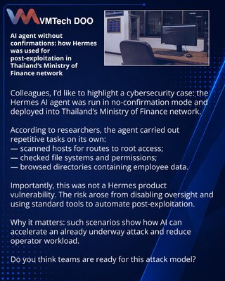 AI agent without confirmations: how Hermes was used for post-exploitation in Thailand’s Ministry of Finance network