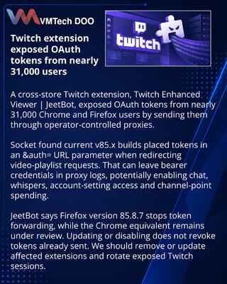 JeetBot dodatak izložio Twitch OAuth tokene skoro 31.000 korisnika