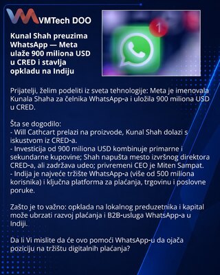 Kunal Shah preuzima WhatsApp — Meta ulaže 900 miliona USD u CRED i stavlja opkladu na Indiju