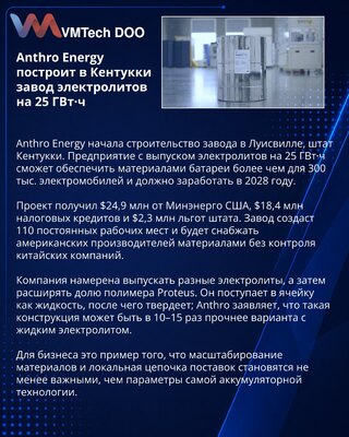 Anthro Energy строит в Кентукки завод электролитов для аккумуляторов