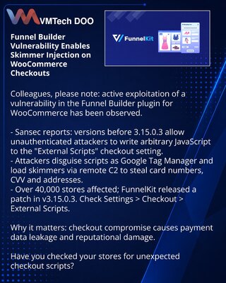 Ranljivost u Funnel Builder omogućava ubacivanje skripti‑skrimera na WooCommerce checkout