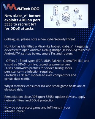 New xlabs_v1 botnet exploits ADB on port 5555 to recruit IoT for DDoS attacks