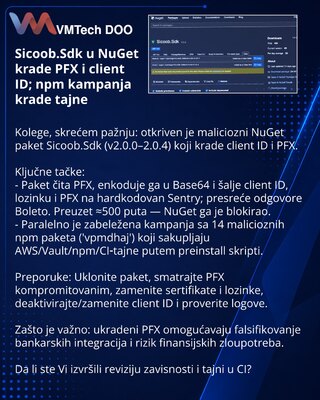 Sicoob.Sdk u NuGet krade PFX i client ID; npm kampanja krade tajne
