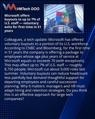 Microsoft nudi otkup za do 7% zaposlenih u SAD — dobrovoljni odlazak prvi put posle 51 godine