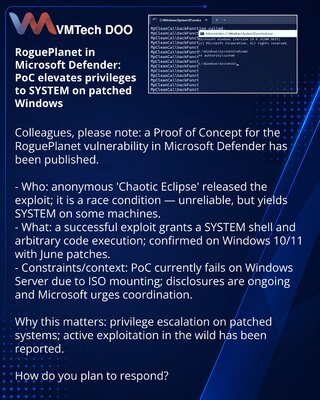 RoguePlanet u Microsoft Defender: PoC podiže privilegije do SYSTEM na zakrpljenim Windows
