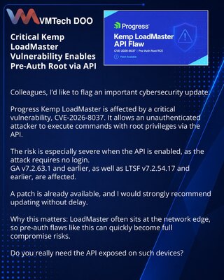 Kritična ranjivost u Kemp LoadMasteru: pre-auth root preko API-ja
