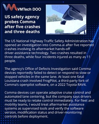 NHTSA investigates Comma.ai following five reported crashes