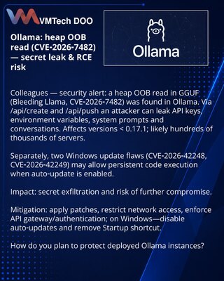 Ollama: kritična curenja memorije (CVE‑2026‑7482) i rizik RCE