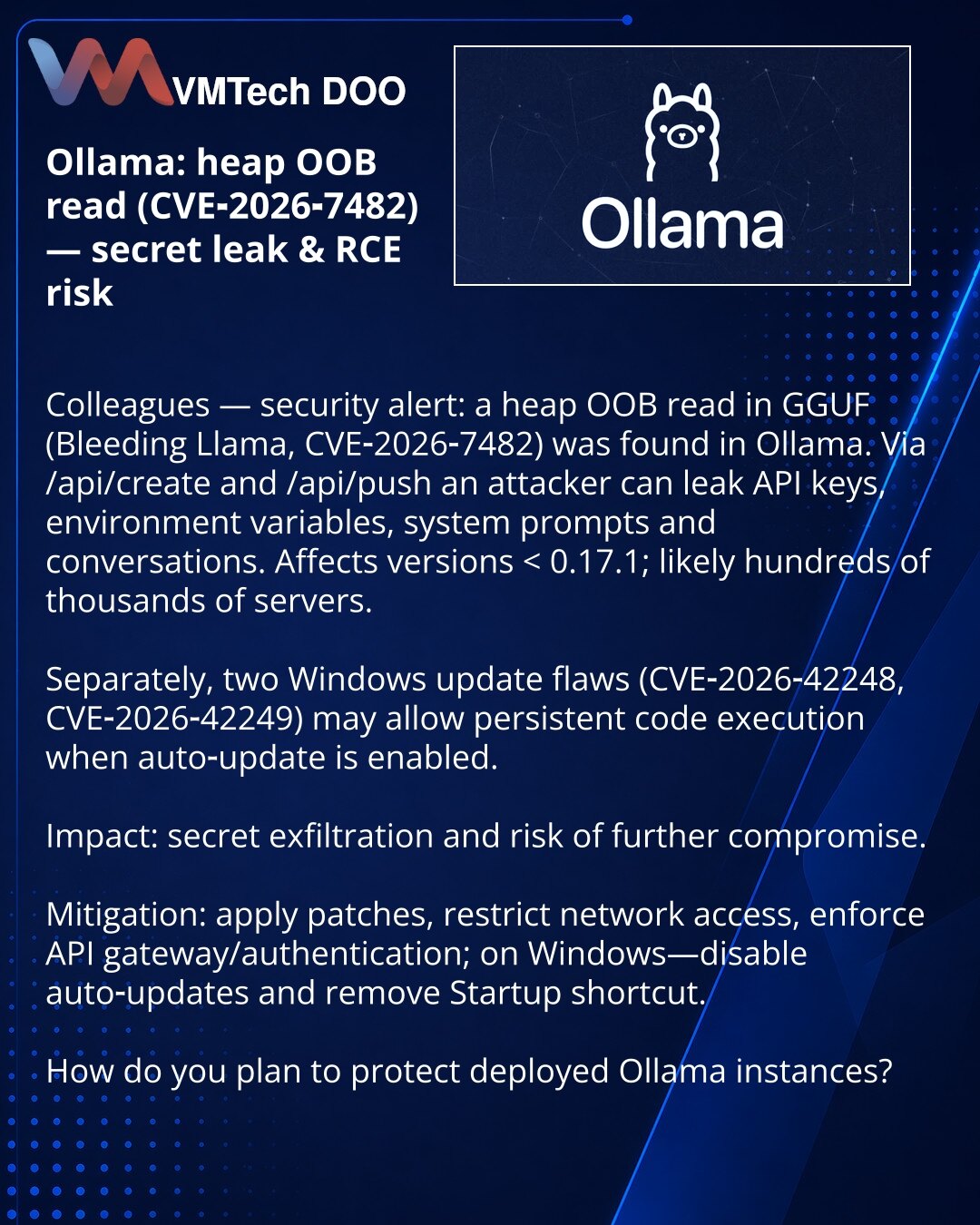 Ollama: kritična curenja memorije (CVE‑2026‑7482) i rizik RCE

Kolege, skrećem pažnju na bezbednost: u Ollama je otkriveno čitanje memorije procesa.

- Šta: heap OOB read u GGUF (Bleeding Llama, CVE‑2026‑7482). Preko /api/create i /api/push može curiti API‑ključ, env promenljive, sistemski promptovi i razgovori.
- Obim: verzije pre 0.17.1, moguće stotine hiljada servera.
- Dodatno: dve ranjivosti u Windows update mehanizmu (CVE‑2026‑42248/42249) mogu omogućiti uporan RCE uz uključen auto‑update.