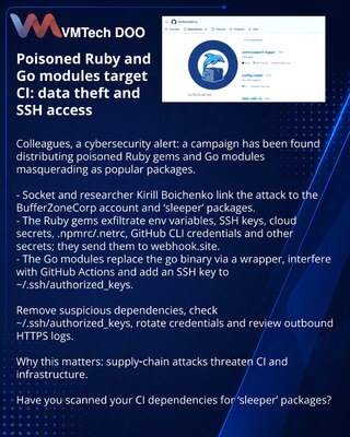 Poisoned Ruby and Go modules target CI: data theft and SSH access
