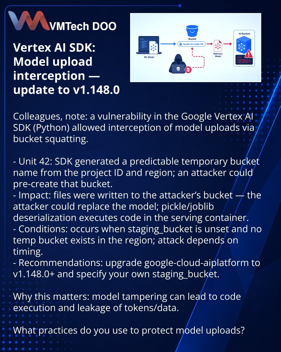 Vertex AI SDK: presretanje učitavanja modela — ažurirajte na v1.148.0

Poštovane kolege, otkrivena je ranjivost u Google Vertex AI SDK (Python) koja je omogućavala presretanje učitavanja modela putem bucket squattinga.

- Unit 42: SDK je generisao predvidiv privremeni bucket po project ID i regionu; napadač ga je mogao prethodno kreirati.
- Posledica: fajlovi su odlazili u tuđi bucket — napadač je mogao zameniti model; pickle/joblib pri učitavanju izvršavaju kod u serving kontejneru.
- Uslovi: s