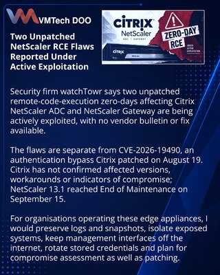 Dva aktivno zloupotrebljena NetScaler RCE zero-day propusta bez zakrpe