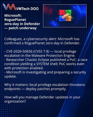 Microsoft: zero-day RoguePlanet в Defender — патч в работе