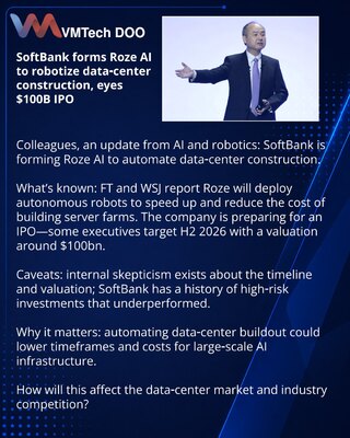 SoftBank stvara Roze AI za robotizaciju izgradnje data centara i cilja IPO od $100 mlrd