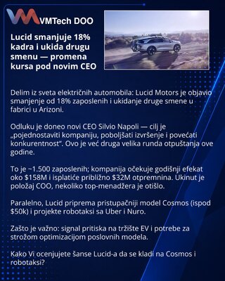 Lucid smanjuje 18% kadra i ukida drugu smenu — promena kursa pod novim CEO