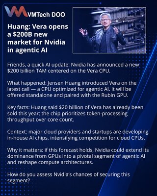 Huang: Vera opens a $200B new market for Nvidia in agentic AI