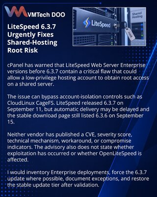 LiteSpeed Enterprise 6.3.7 otklanja rizik root pristupa